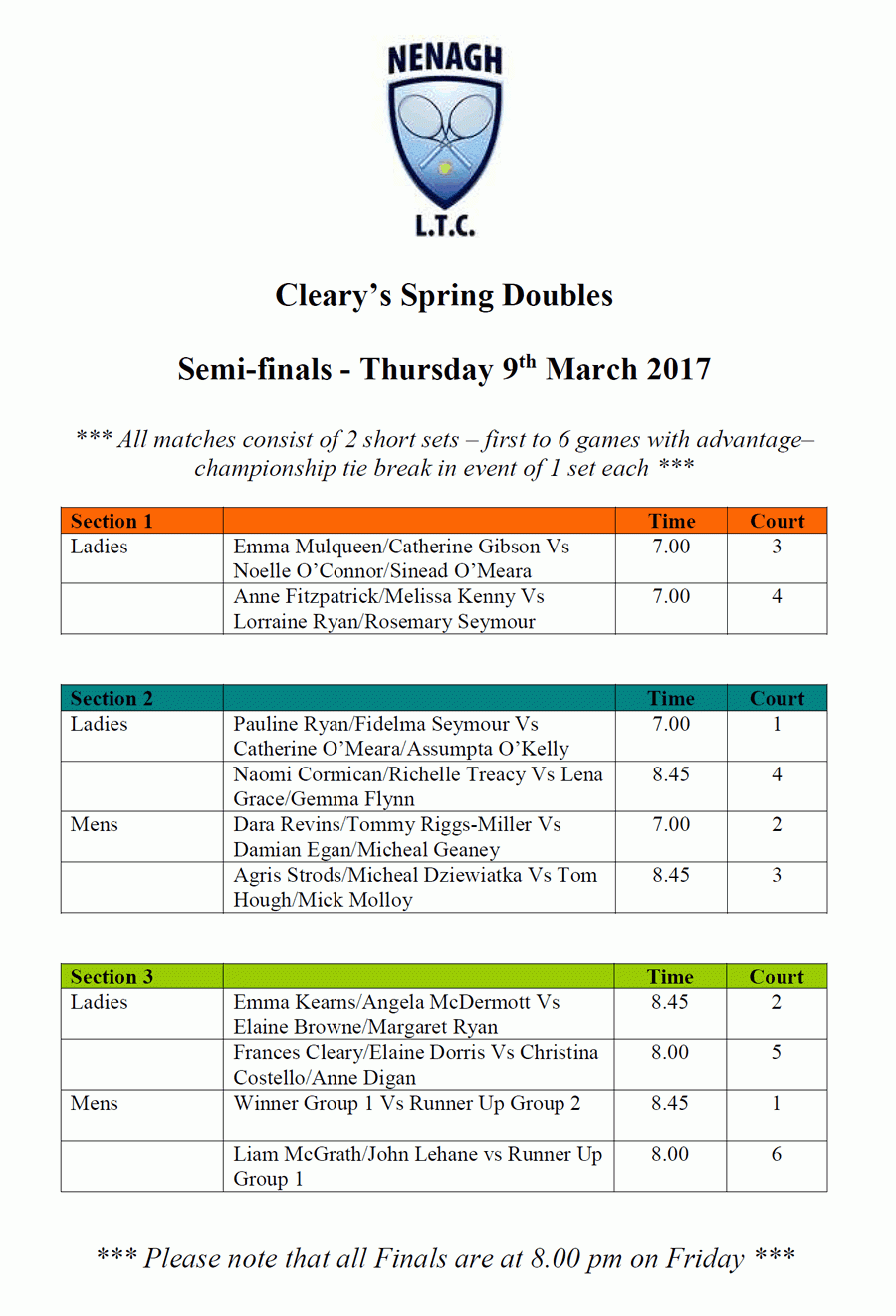 Clearys Spring Doubles Semi-Finals Schedule - Nenagh Lawn Tennis