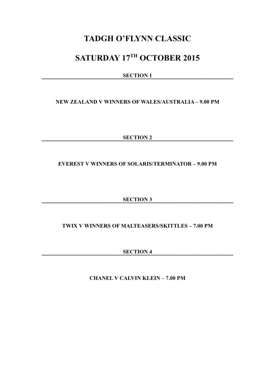 Saturday’s Finals Schedule Tadgh O’Flynn Jewellers Classic