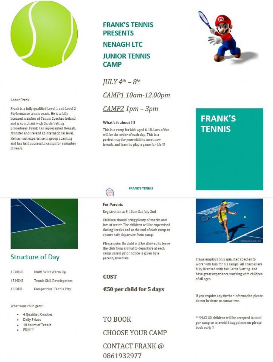 Junior Tennis Camp July 4th – 8th