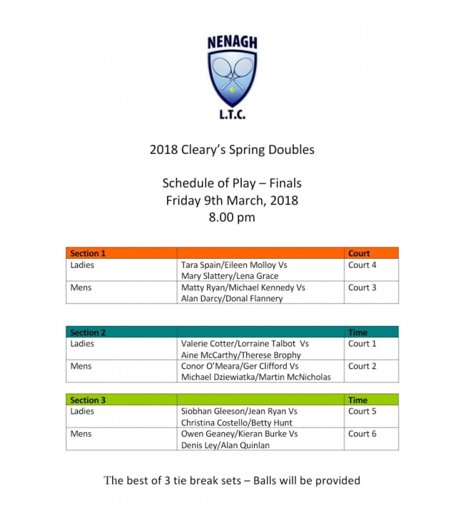 Cleary’s Spring Doubles Finals Schedule of Play